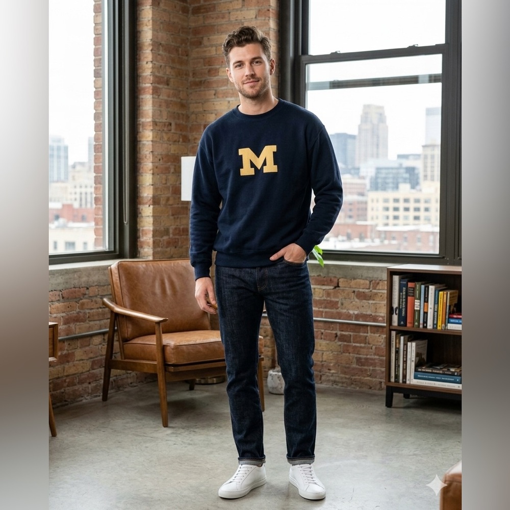 Men's Navy Crewneck Sweater with Gold 'M'